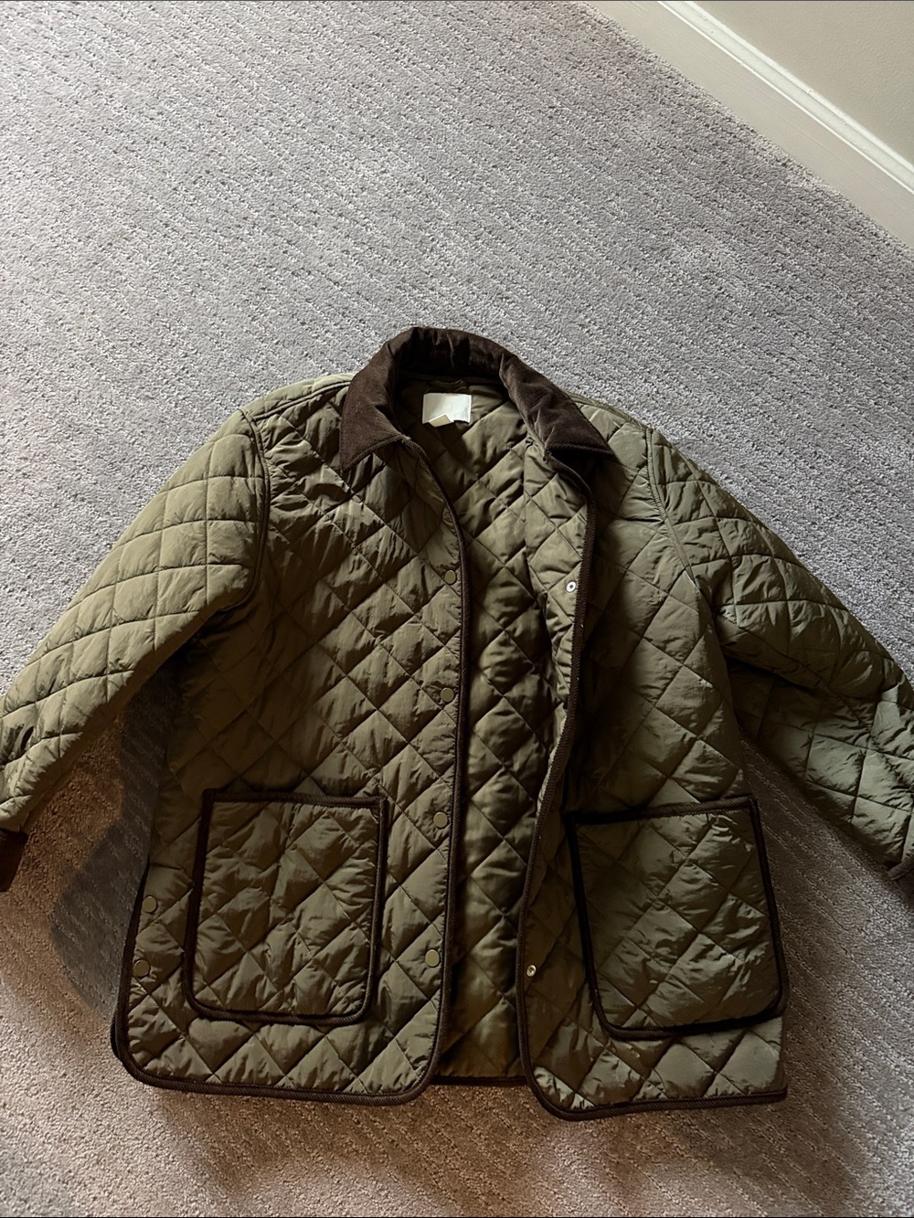 H&M Olive Green Quilted Utility Jacket with Brown Corduroy Trim